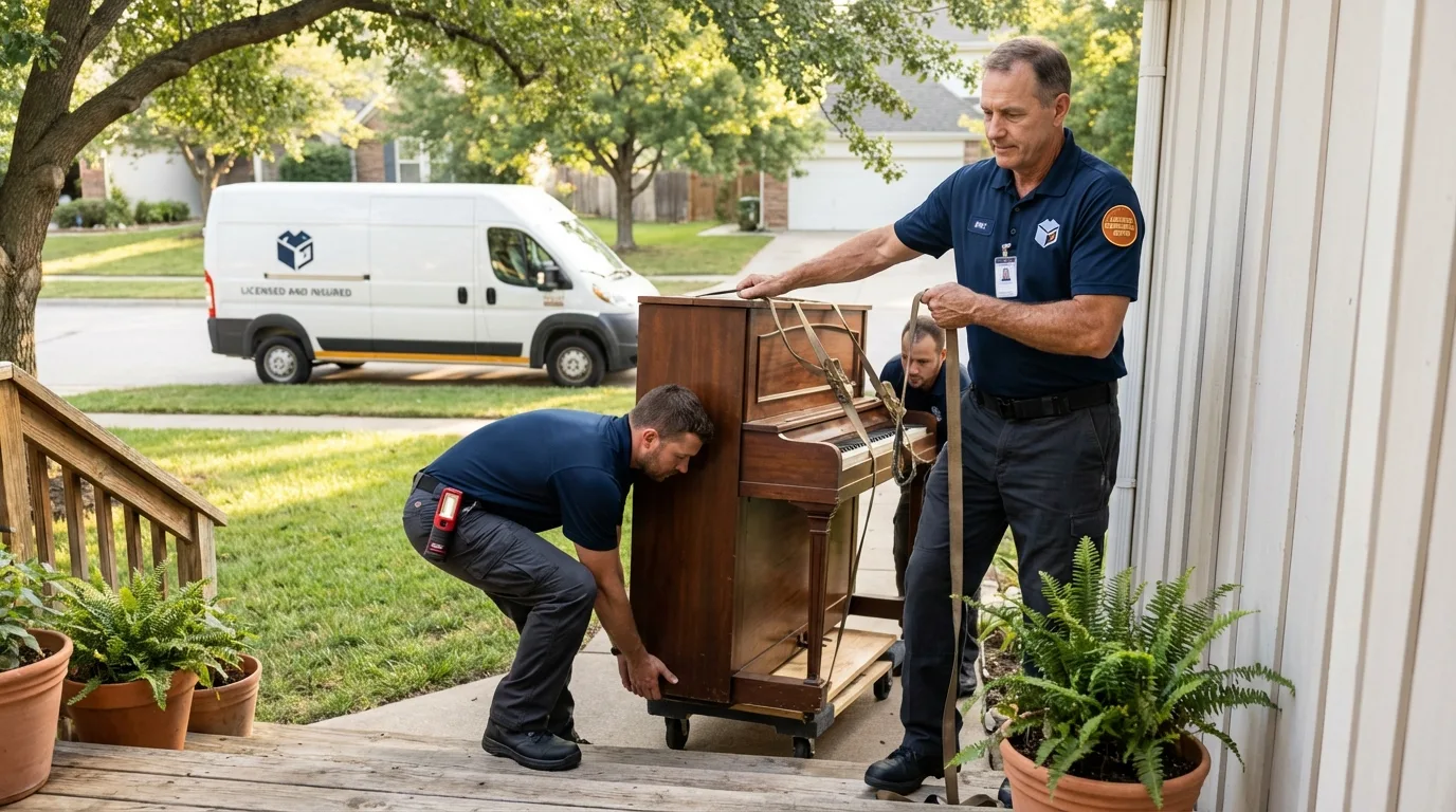 Licensed piano movers securing grand piano in Water Mill, NY