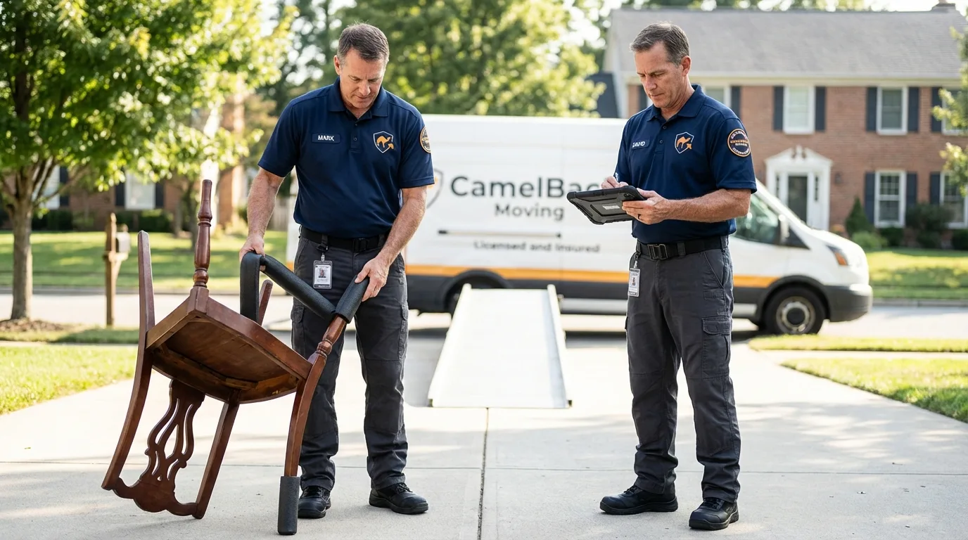 Movers inspecting furniture for damage prevention before loading in Water Mill, NY