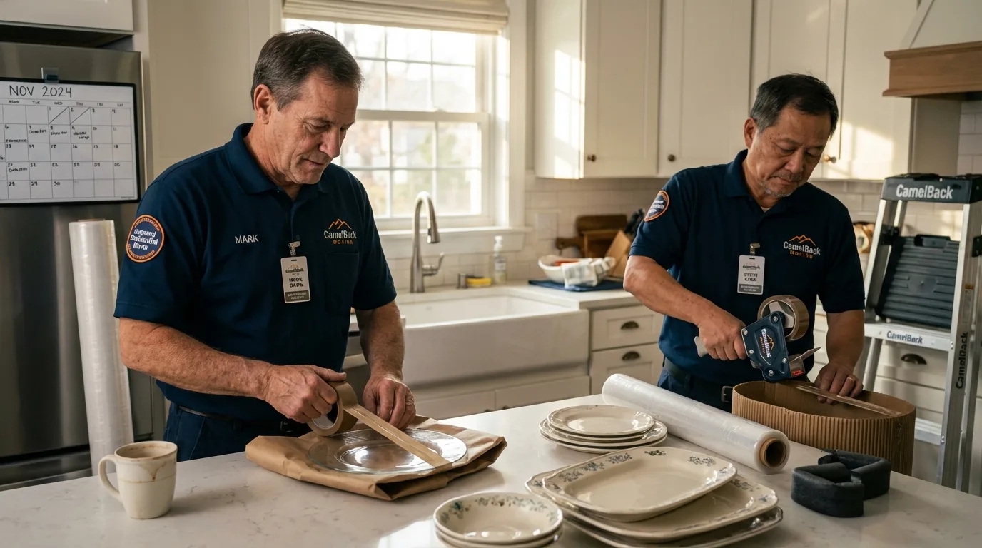 Professional crew packing kitchen dishware in Water Mill, NY
